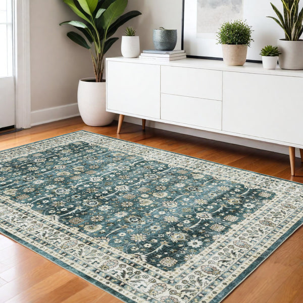 Homeroots 4' Teal Oriental Distressed Area Rug - Stylish, Non-skid, Stain-resistant Design For Any Room 4' X 6' Polyester 574715
