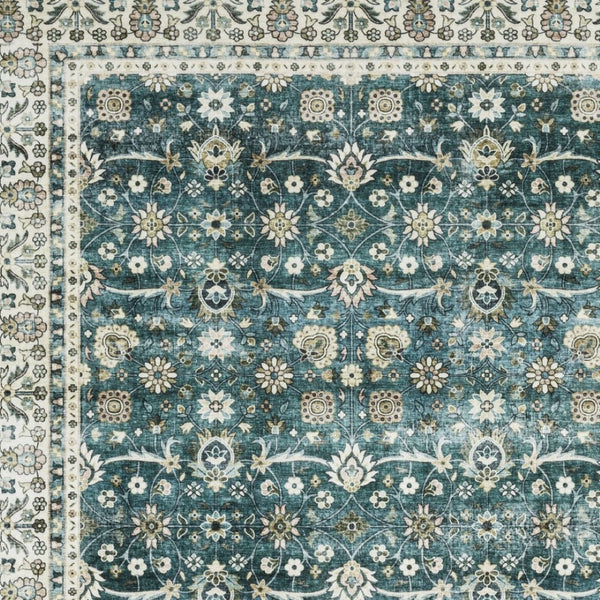 Homeroots 4' Teal Oriental Distressed Area Rug - Stylish, Non-skid, Stain-resistant Design For Any Room 5' X 7' Polyester 574716