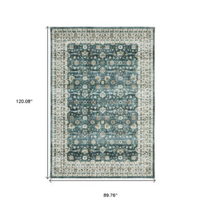 Homeroots 4' Teal Oriental Distressed Area Rug - Stylish, Non-skid, Stain-resistant Design For Any Room 8' X 10' Polyester 574717