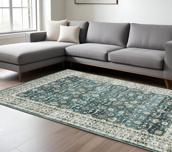 Homeroots 4' Teal Oriental Distressed Area Rug - Stylish, Non-skid, Stain-resistant Design For Any Room 8' X 10' Polyester 574717