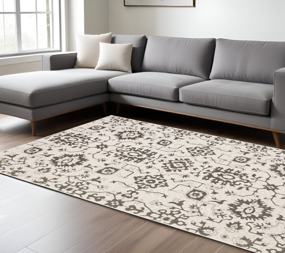 HomeRoots 5' Timeless Ivory and Gray Oriental Area Rug - Stain-Resistant, Durable Design for Any Room 7' X 10' 574721