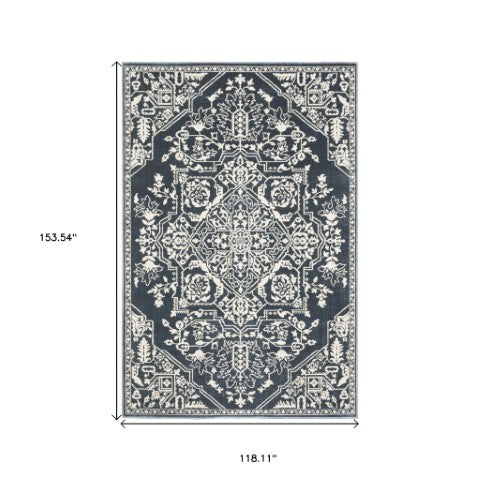 Homeroots 10' Elegant Power Loom Oriental Area Rug In Blue - Stain Resistant, Perfect For Kids And Pets! Blue,Ivory Polyester 574723