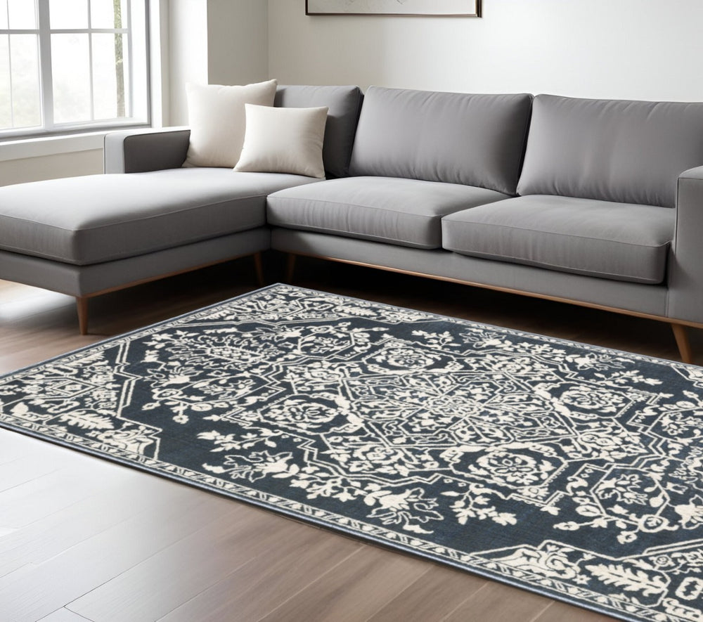 HomeRoots 10' Elegant Power-Loomed Oriental Area Rug for High-Traffic Spaces - Stain-Resistant & Durable Design Blue/ Ivory 574723