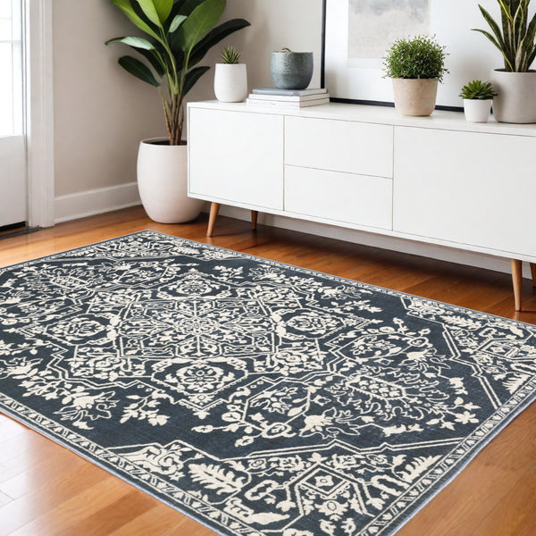 Homeroots 10' Elegant Power Loom Oriental Area Rug In Blue - Stain Resistant, Perfect For Kids And Pets! 4' X 6' Polyester 574724