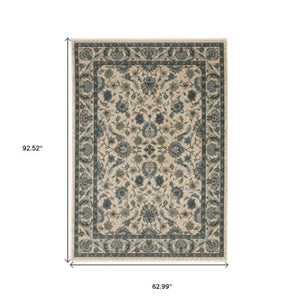 Homeroots 5' Elegant Beige And Blue Oriental Area Rug With Fringe - Stain Resistant And Timeless Design 5' X 8' Polyester 574733