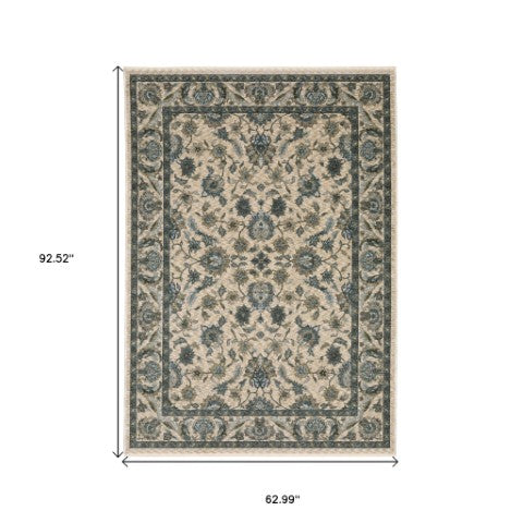 Homeroots 5' Elegant Beige And Blue Oriental Area Rug With Fringe - Stain Resistant And Timeless Design 5' X 8' Polyester 574733