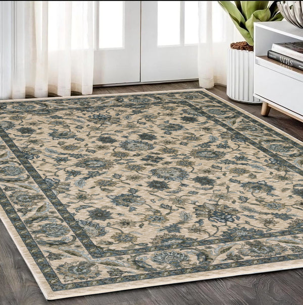 Homeroots 5' Elegant Beige And Blue Oriental Area Rug With Fringe - Stain Resistant And Timeless Design 5' X 8' Polyester 574733
