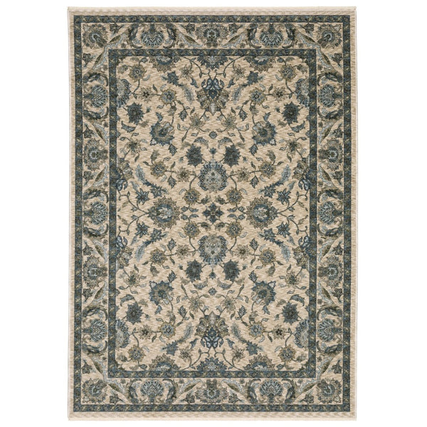HomeRoots 5' Elegant Beige-Blue Oriental Area Rug with Fringe – Stain-Resistant, Durable, Stylish Design 5' X 8' 574733