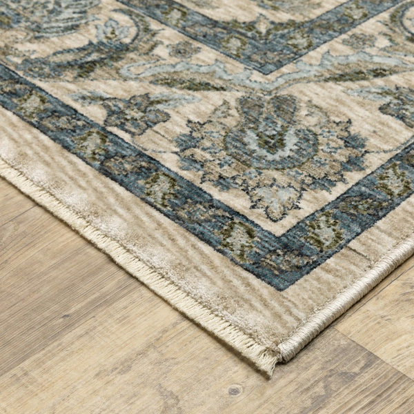 Homeroots 5' Elegant Beige And Blue Oriental Area Rug With Fringe - Stain Resistant And Timeless Design 5' X 8' Polyester 574733
