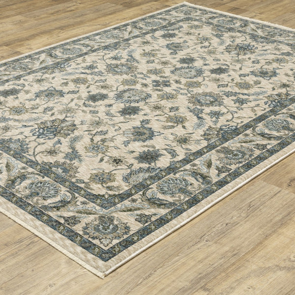 Homeroots 5' Elegant Beige And Blue Oriental Area Rug With Fringe - Stain Resistant And Timeless Design 5' X 8' Polyester 574733
