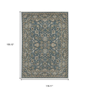 Homeroots 5' Elegant Beige And Blue Oriental Area Rug With Fringe - Stain Resistant And Timeless Design 10' X 13' Polyester 574734