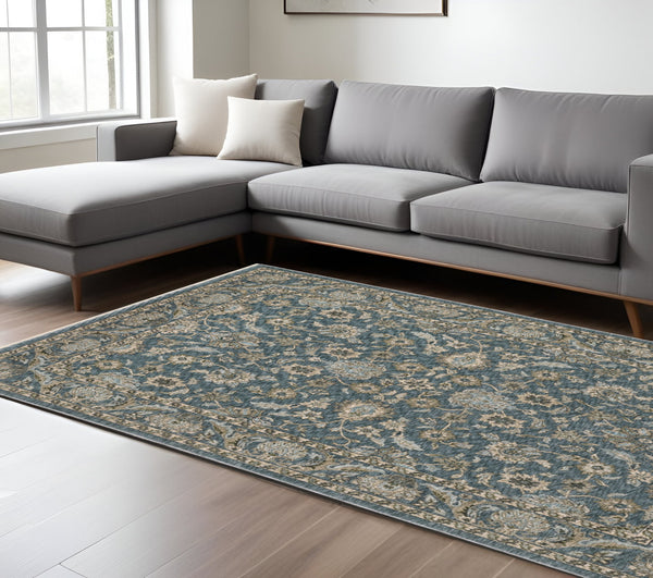 Homeroots 5' Elegant Beige And Blue Oriental Area Rug With Fringe - Stain Resistant And Timeless Design 7' X 10' Polyester 574736