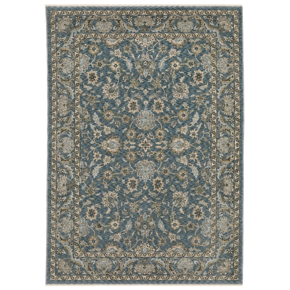 HomeRoots 5' Elegant Beige-Blue Oriental Area Rug with Fringe – Stain-Resistant, Durable, Stylish Design 8' X 11' 574737