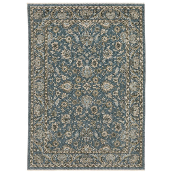 HomeRoots 5' Elegant Beige-Blue Oriental Area Rug with Fringe – Stain-Resistant, Durable, Stylish Design 8' X 11' 574737