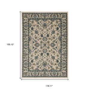 Homeroots 5' Elegant Beige And Blue Oriental Area Rug With Fringe - Stain Resistant And Timeless Design 10' X 13' Polyester 574738
