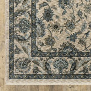 Homeroots 5' Elegant Beige And Blue Oriental Area Rug With Fringe - Stain Resistant And Timeless Design 10' X 13' Polyester 574738