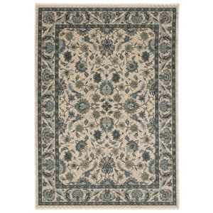 Homeroots 5' Elegant Beige And Blue Oriental Area Rug With Fringe - Stain Resistant And Timeless Design 8' X 11' Polyester 574740