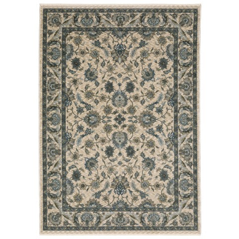 Homeroots 5' Elegant Beige And Blue Oriental Area Rug With Fringe - Stain Resistant And Timeless Design 8' X 11' Polyester 574740