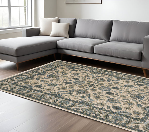 Homeroots 5' Elegant Beige And Blue Oriental Area Rug With Fringe - Stain Resistant And Timeless Design 8' X 11' Polyester 574740