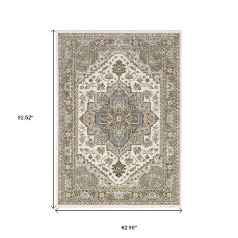 Homeroots 5' Ivory Medallion Fringe Area Rug – Stain-resistant, Stylish Design For Home Décor Enhancement 5' X 8' Polyester 574741