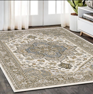 Homeroots 5' Ivory Medallion Fringe Area Rug – Stain-resistant, Stylish Design For Home Décor Enhancement 5' X 8' Polyester 574741