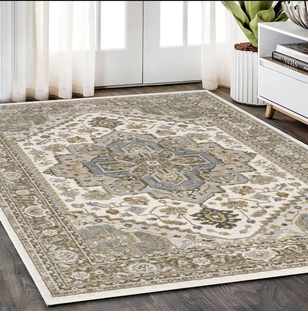 Homeroots 5' Ivory Medallion Fringe Area Rug – Stain-resistant, Stylish Design For Home Décor Enhancement 5' X 8' Polyester 574741