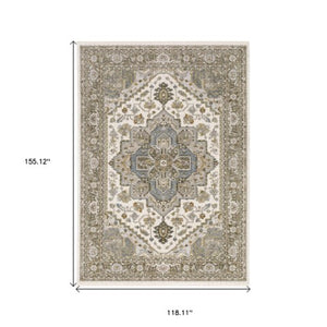 Homeroots 5' Ivory Medallion Fringe Area Rug – Stain-resistant, Stylish Design For Home Décor Enhancement 10' X 13' Polyester 574742