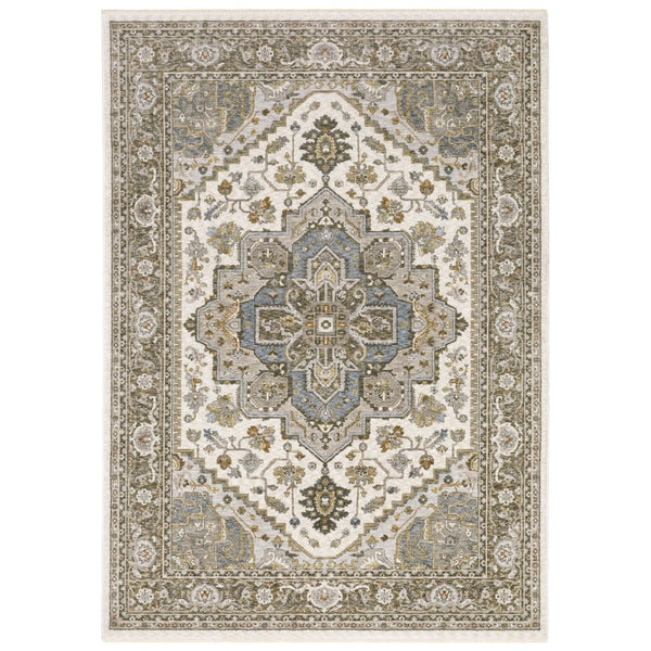 HomeRoots 5' Elegant Ivory and Gold Medallion Distressed Area Rug with Fringe for Timeless Home Decor 10' X 13' 574742