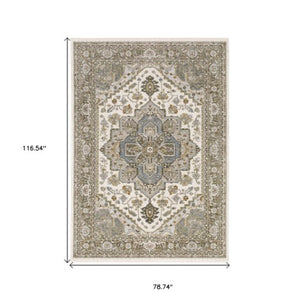 Homeroots 5' Ivory Medallion Fringe Area Rug – Stain-resistant, Stylish Design For Home Décor Enhancement 7' X 10' Polyester 574743