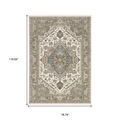 Homeroots 5' Ivory Medallion Fringe Area Rug – Stain-resistant, Stylish Design For Home Décor Enhancement 7' X 10' Polyester 574743