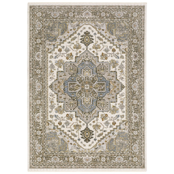 Homeroots 5' Ivory Medallion Fringe Area Rug – Stain-resistant, Stylish Design For Home Décor Enhancement 7' X 10' Polyester 574743