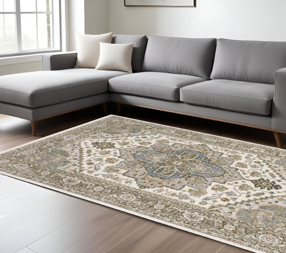 HomeRoots 5' Elegant Ivory and Gold Medallion Distressed Area Rug with Fringe for Timeless Home Decor 7' X 10' 574743