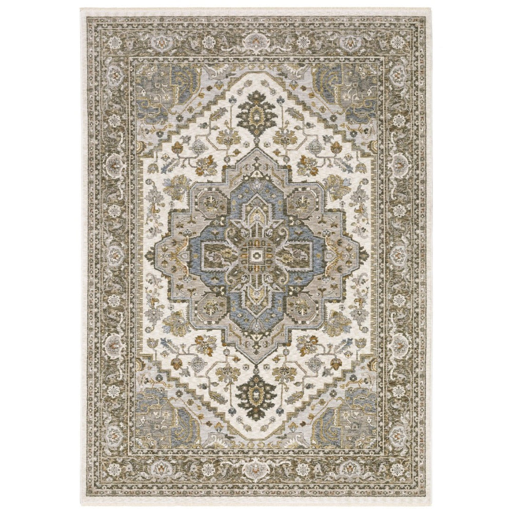 HomeRoots 5' Elegant Ivory and Gold Medallion Distressed Area Rug with Fringe for Timeless Home Decor 7' X 10' 574743