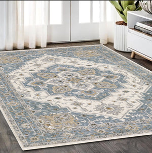 Homeroots 5' Blue Medallion Distressed Area Rug With Fringe - Stylish, Stain-resistant, Perfect For Homes! 5' X 8' Polyester 574745