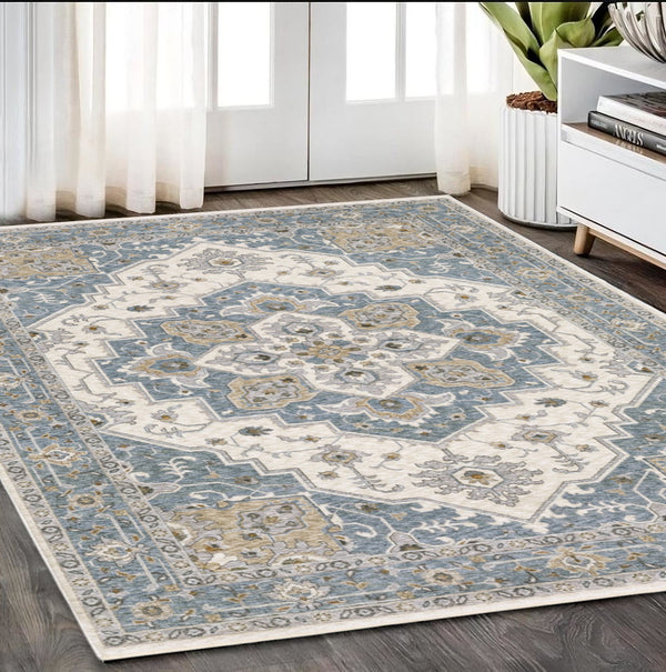 Homeroots 5' Blue Medallion Distressed Area Rug With Fringe - Stylish, Stain-resistant, Perfect For Homes! 5' X 8' Polyester 574745
