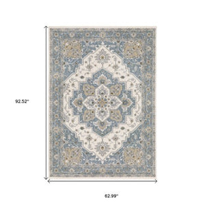 Homeroots 5' Blue Medallion Distressed Area Rug With Fringe - Stylish, Stain-resistant, Perfect For Homes! 5' X 8' Polyester 574745
