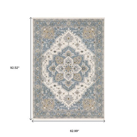 Homeroots 5' Blue Medallion Distressed Area Rug With Fringe - Stylish, Stain-resistant, Perfect For Homes! 5' X 8' Polyester 574745