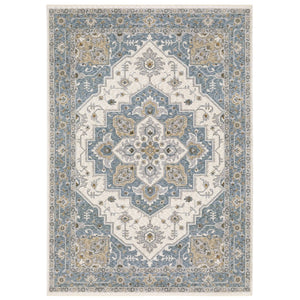 Homeroots 5' Blue Medallion Distressed Area Rug With Fringe - Stylish, Stain-resistant, Perfect For Homes! 10' X 13' Polyester 574746