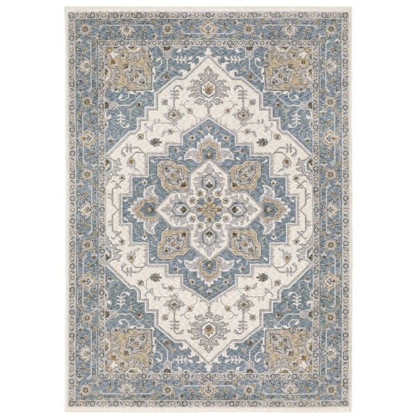 Homeroots 5' Blue Medallion Distressed Area Rug With Fringe - Stylish, Stain-resistant, Perfect For Homes! 10' X 13' Polyester 574746