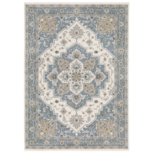 HomeRoots 5' Blue and Ivory Medallion Distressed Area Rug with Fringe – Timeless Style for Any Room Decor 10' X 13' 574746