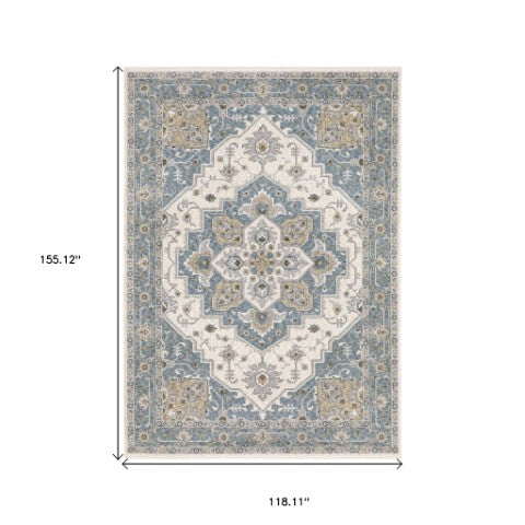 Homeroots 5' Blue Medallion Distressed Area Rug With Fringe - Stylish, Stain-resistant, Perfect For Homes! 10' X 13' Polyester 574746