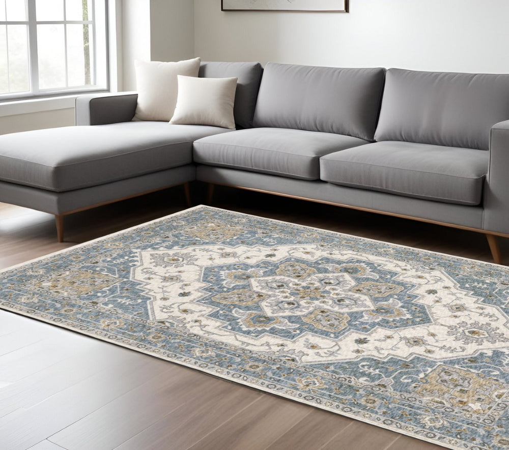 HomeRoots 5' Blue and Ivory Medallion Distressed Area Rug with Fringe – Timeless Style for Any Room Decor 7' X 10' 574747