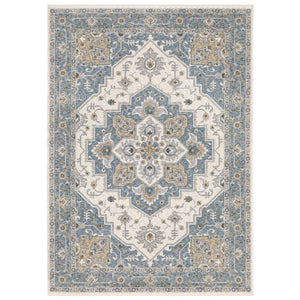 HomeRoots 5' Blue and Ivory Medallion Distressed Area Rug with Fringe – Timeless Style for Any Room Decor 7' X 10' 574747