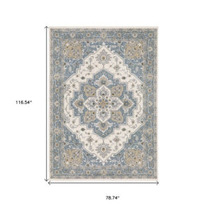 Homeroots 5' Blue Medallion Distressed Area Rug With Fringe - Stylish, Stain-resistant, Perfect For Homes! 7' X 10' Polyester 574747