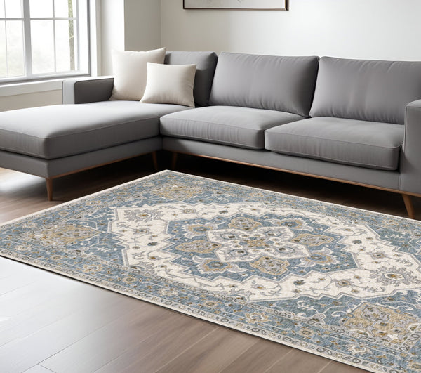 Homeroots 5' Blue Medallion Distressed Area Rug With Fringe - Stylish, Stain-resistant, Perfect For Homes! 8' X 11' Polyester 574748