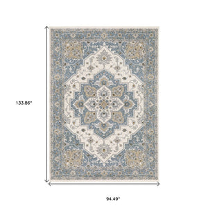 HomeRoots 5' Blue and Ivory Medallion Distressed Area Rug with Fringe – Timeless Style for Any Room Decor 8' X 11' 574748