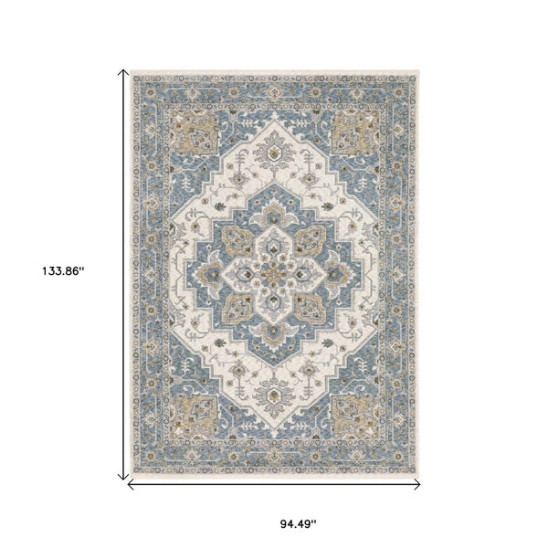 HomeRoots 5' Blue and Ivory Medallion Distressed Area Rug with Fringe – Timeless Style for Any Room Decor 8' X 11' 574748