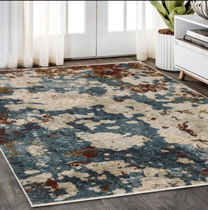 Homeroots 5' Elegant Beige And Teal Abstract Distressed Area Rug With Fringe For Stylish Home Decor 5' X 8' Polyester 574749