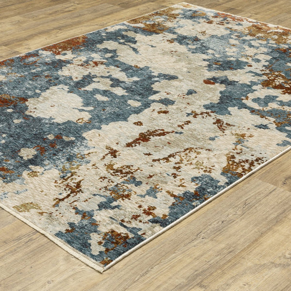 Homeroots 5' Elegant Beige And Teal Abstract Distressed Area Rug With Fringe For Stylish Home Decor 5' X 8' Polyester 574749