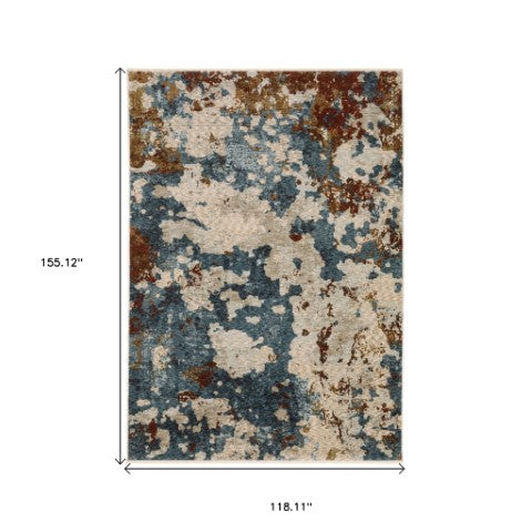 Homeroots 5' Elegant Beige And Teal Abstract Distressed Area Rug With Fringe For Stylish Home Decor 10' X 13' Polyester 574750
